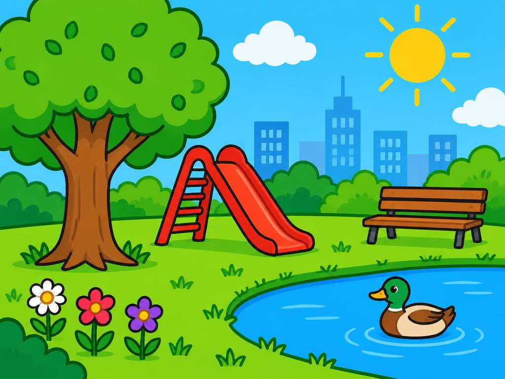 A sunny park with a slide and a duck pond