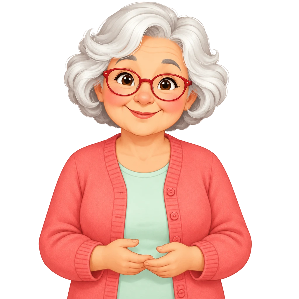Gigi, smiling with white and grey hair and glasses